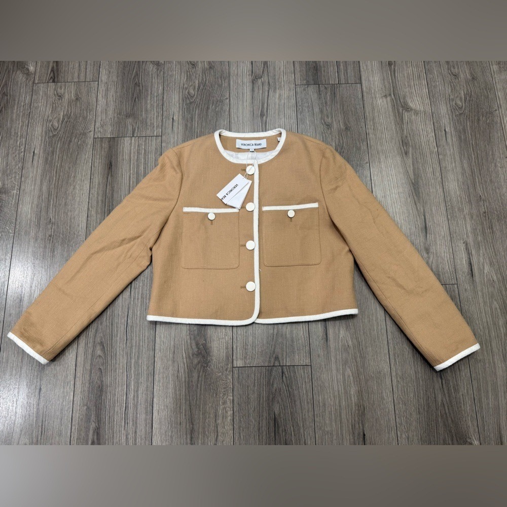 Veronica Beard‎ Beale Contrast Detail Cotton Blend Tweed Jacket in Khaki Size 14
